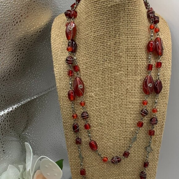 Handcrafted Vintage Style Boho Red Glass Beaded Metal Accent Long Necklace - Picture 4 of 7